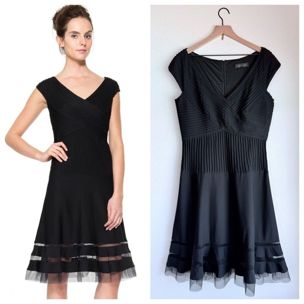 Tadashi Shoji Pintuck Jersey Portrait Neck Cocktail Dress in Black Size 12
